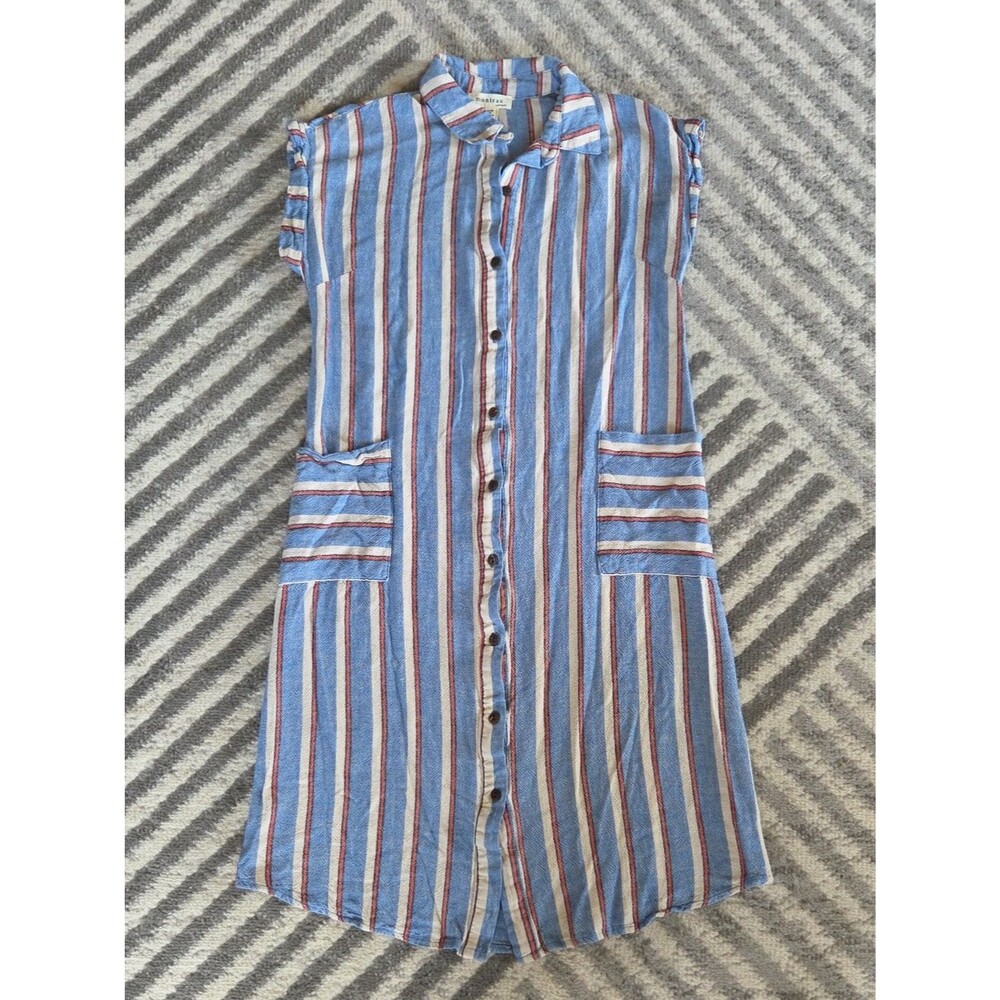 Monteau Blue, White and Red Stripe Button-Front Linen Mini Dress Size M